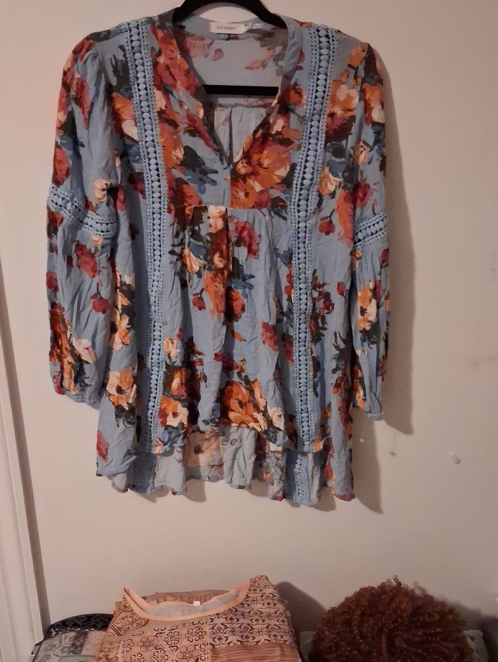 Blu Pepper Sky Blue Floral Lace-Trim Peasant Tunic
